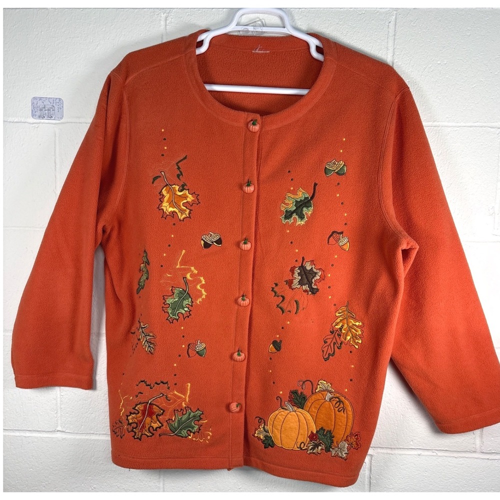 Orange Fall Fleece Cardigan Pumpkin Leaf Embroidery Button Front Jacket 2 XL